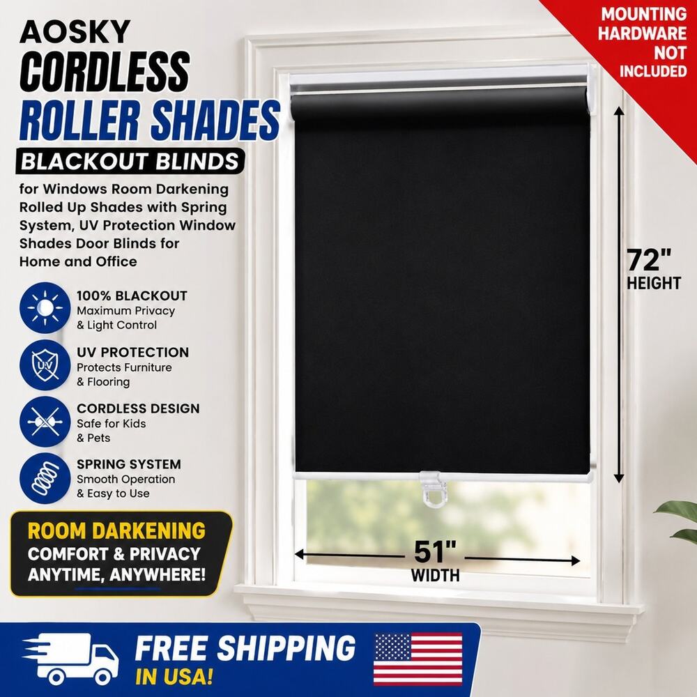 51"W x 72"L Black Cordless Blackout Roller Shades, Thermal Insulated by AOSKY